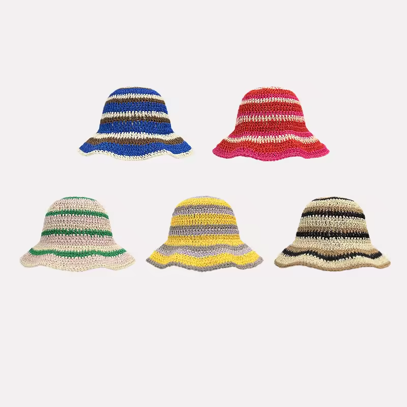 Bucket Hat Straw - قبعات مخططة من القش للنساء ،